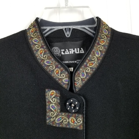 Blazer Linen Wool Cashmere Black Paisley Button Lined Military Jacket Mobwife - Picture 4 of 10